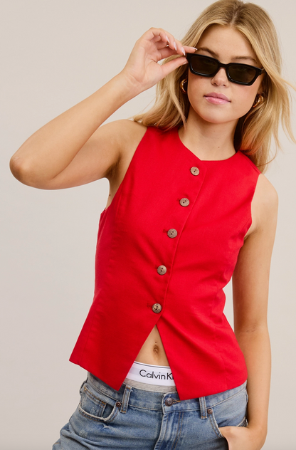 Red Button Down Fitted Top