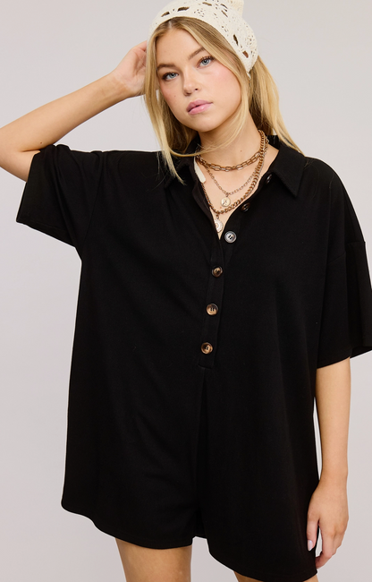 Button Down Collared Romper Black