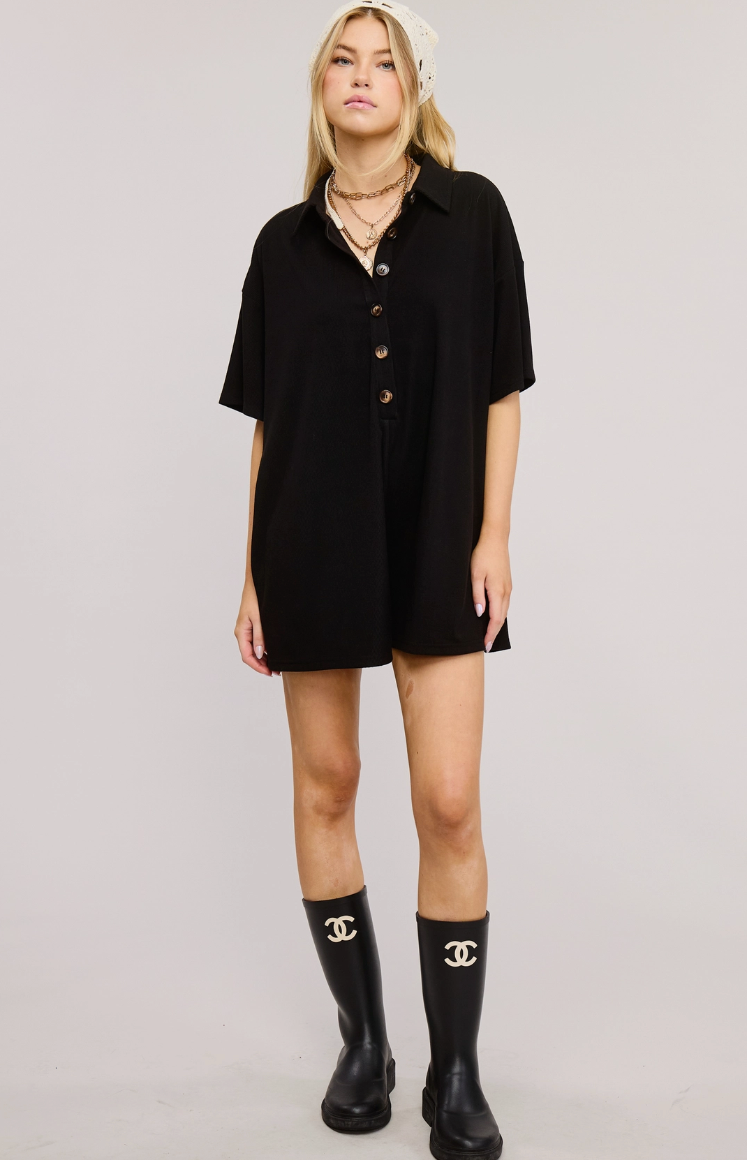 Button Down Collared Romper Black