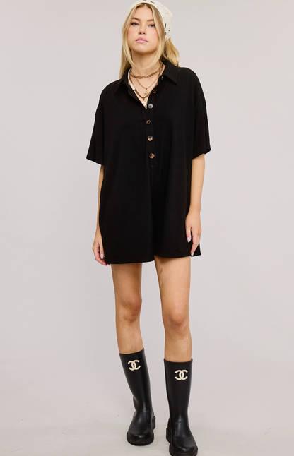 Button Down Collared Romper Black