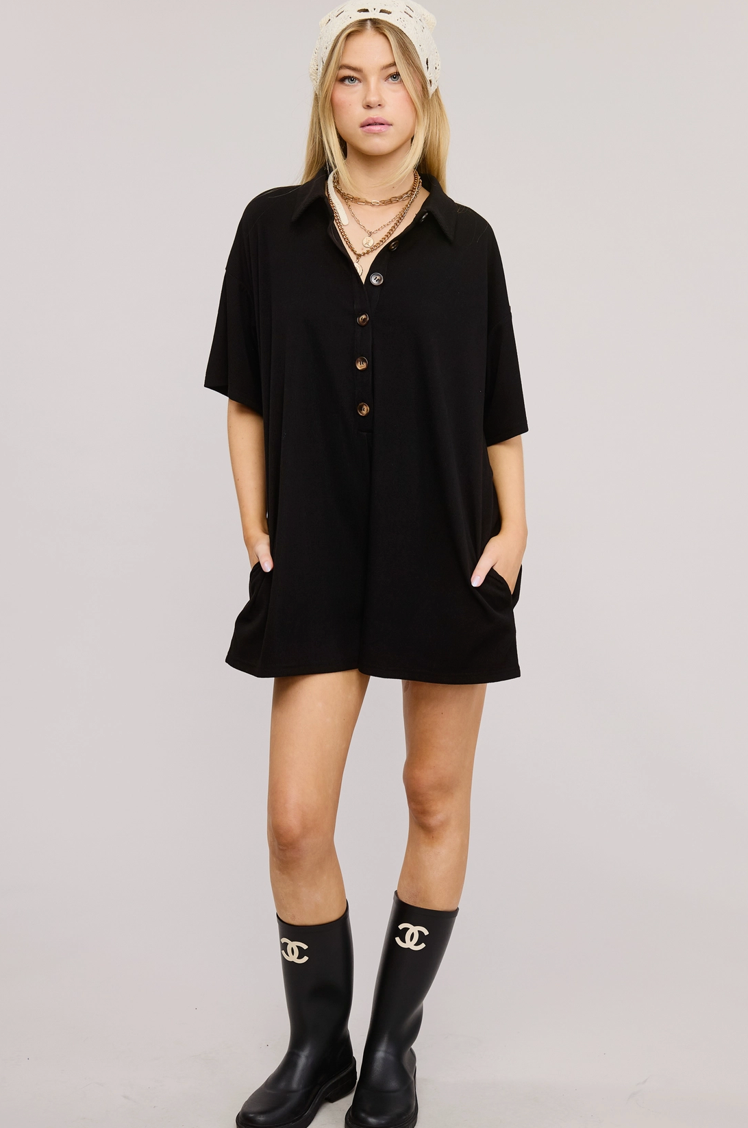 Button Down Collared Romper Black