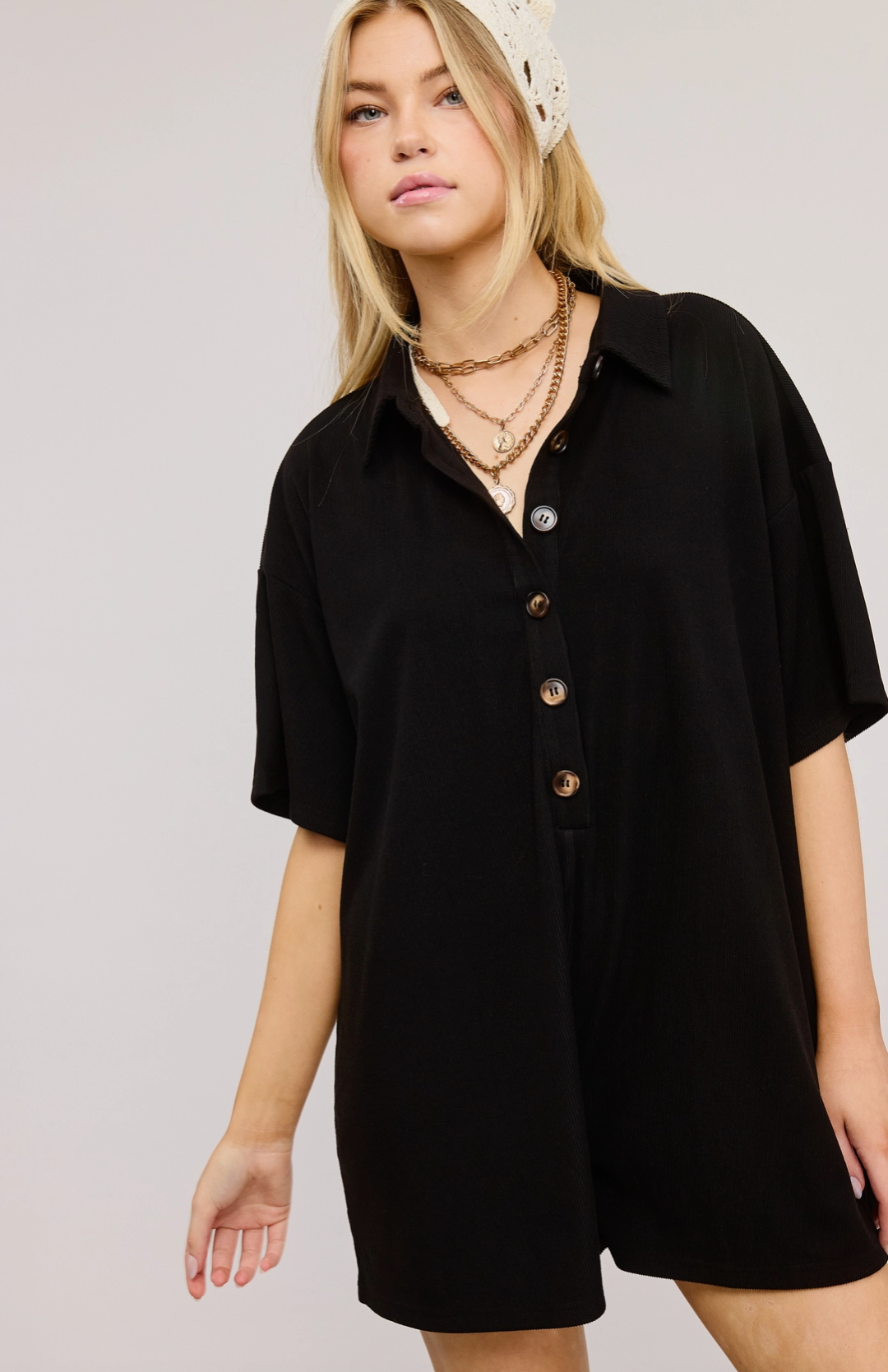 Button Down Collared Romper Black