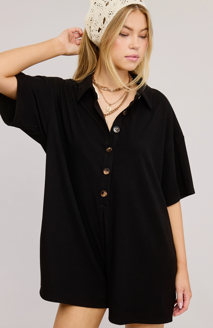 Button Down Collared Romper Black