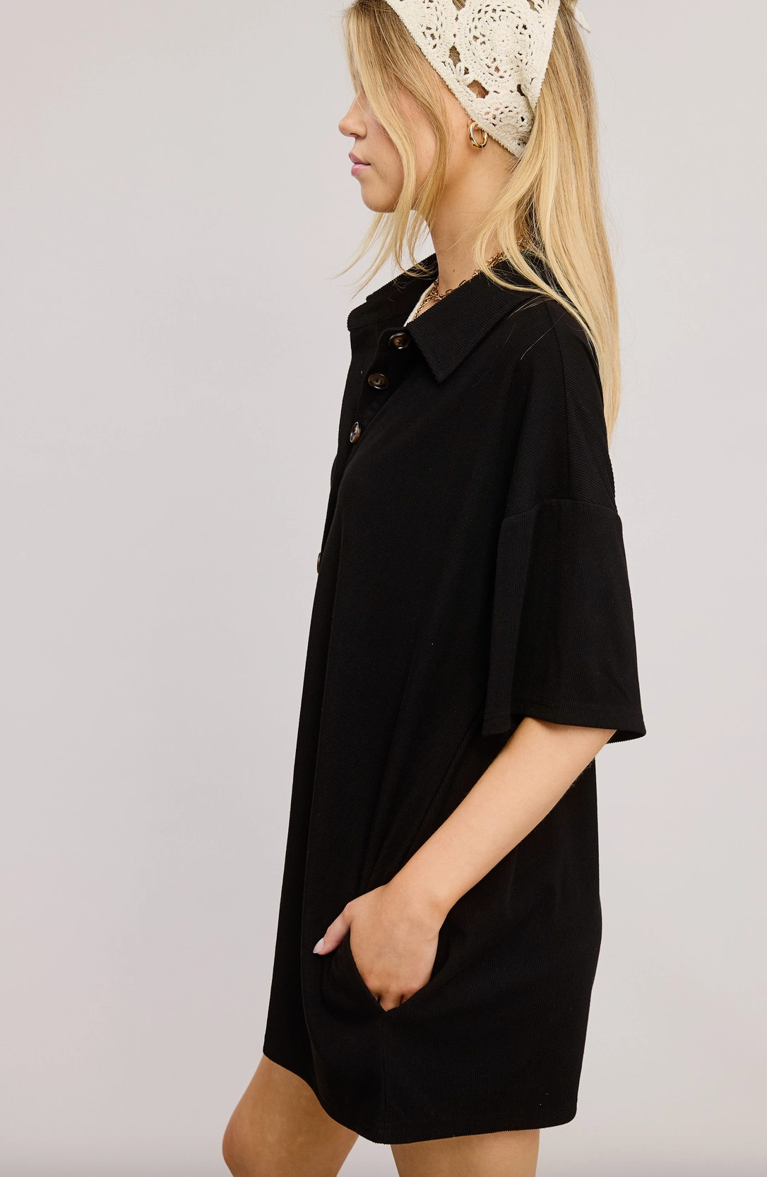 Button Down Collared Romper Black