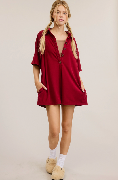 Button Down Collared Romper Wine