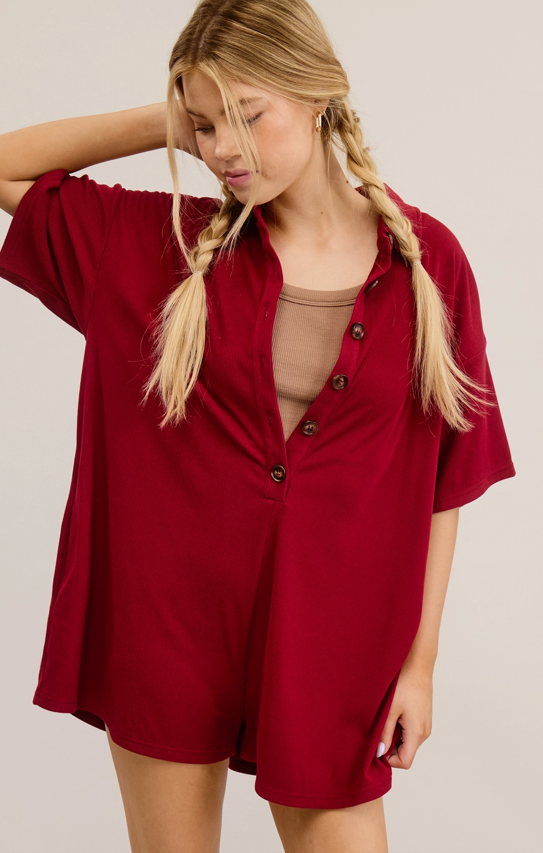 Button Down Collared Romper Wine