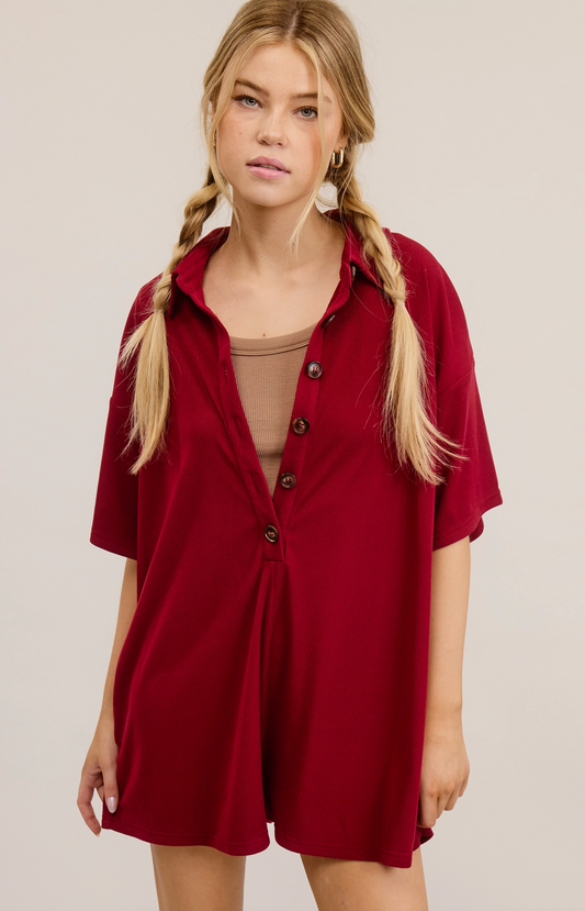 Button Down Collared Romper Wine