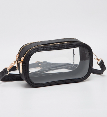 Oval Double Zipper Clear Bag Black