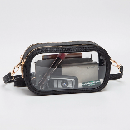 Oval Double Zipper Clear Bag Black