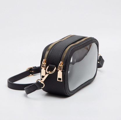 Oval Double Zipper Clear Bag Black