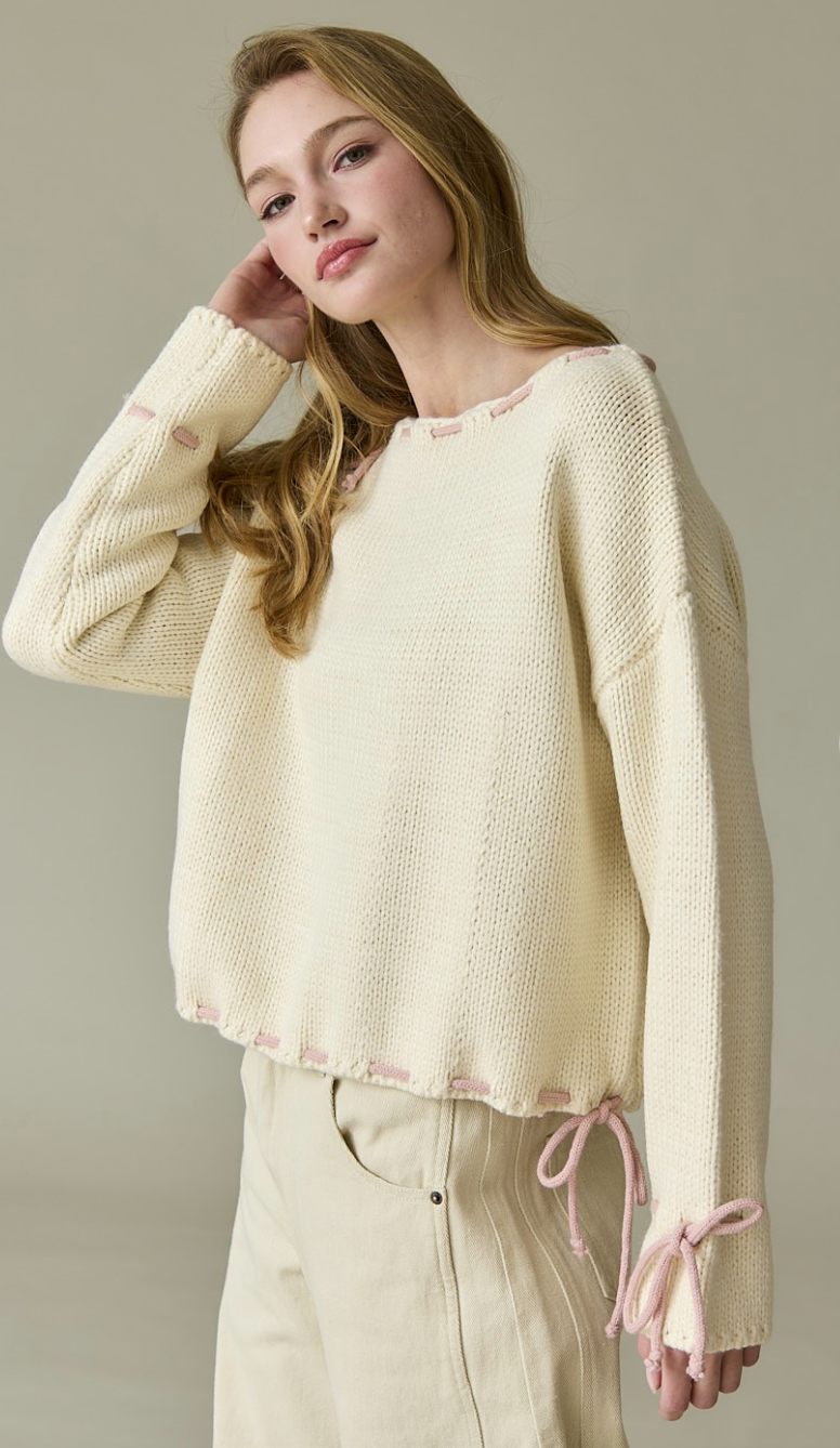 Contrast Stitch Bow Sweater Cream