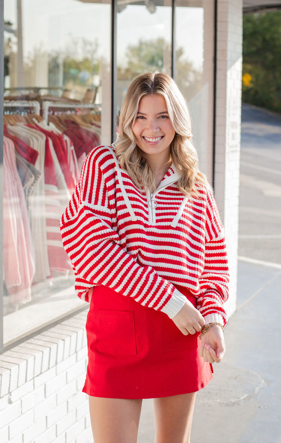 Half Zip Preppy Stripe Sweater Red