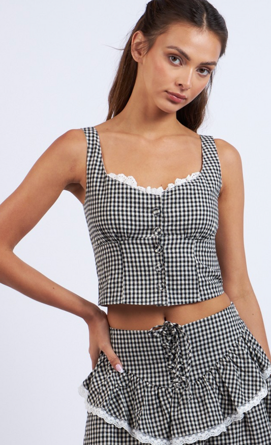 Black Checker Print Crop Top