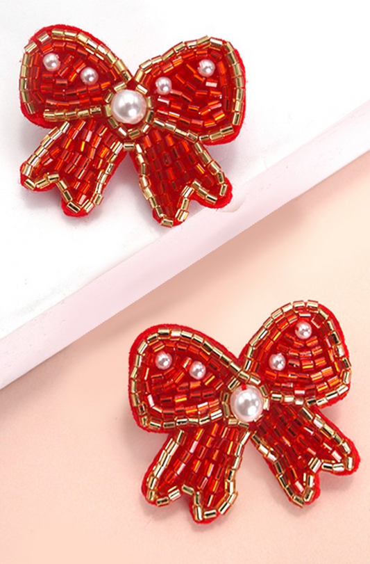 Red Beaded Bow Earrings