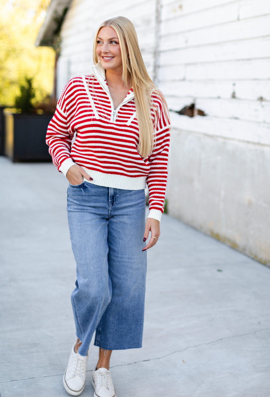 Half Zip Preppy Stripe Sweater Red