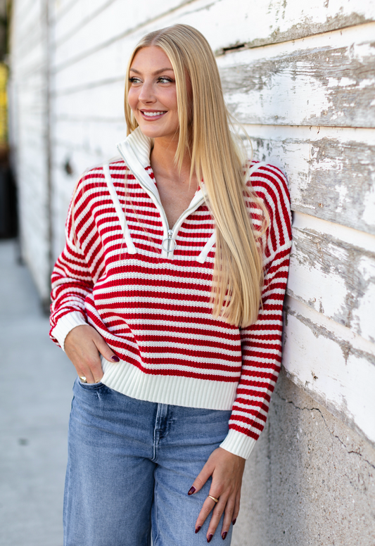 Half Zip Preppy Stripe Sweater Red