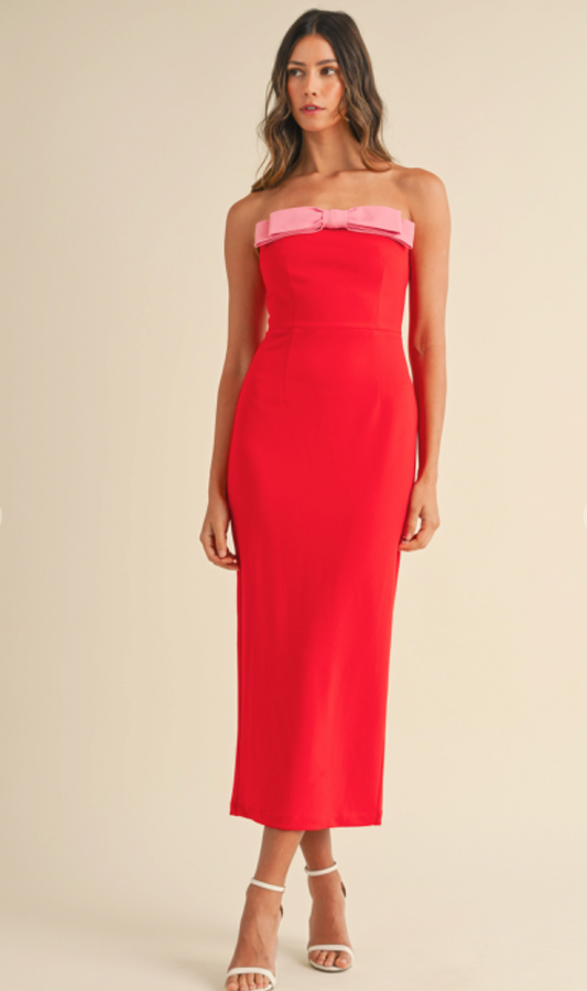 Strapless Bow Midi Dress Red/Pink