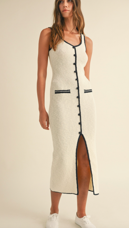 Contrast Knit Midi Dress Cream/Black