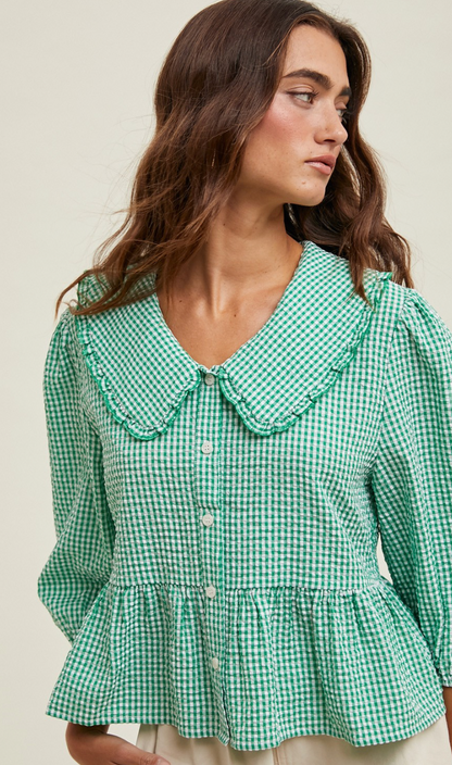 Gingham Peplum Blouse Green