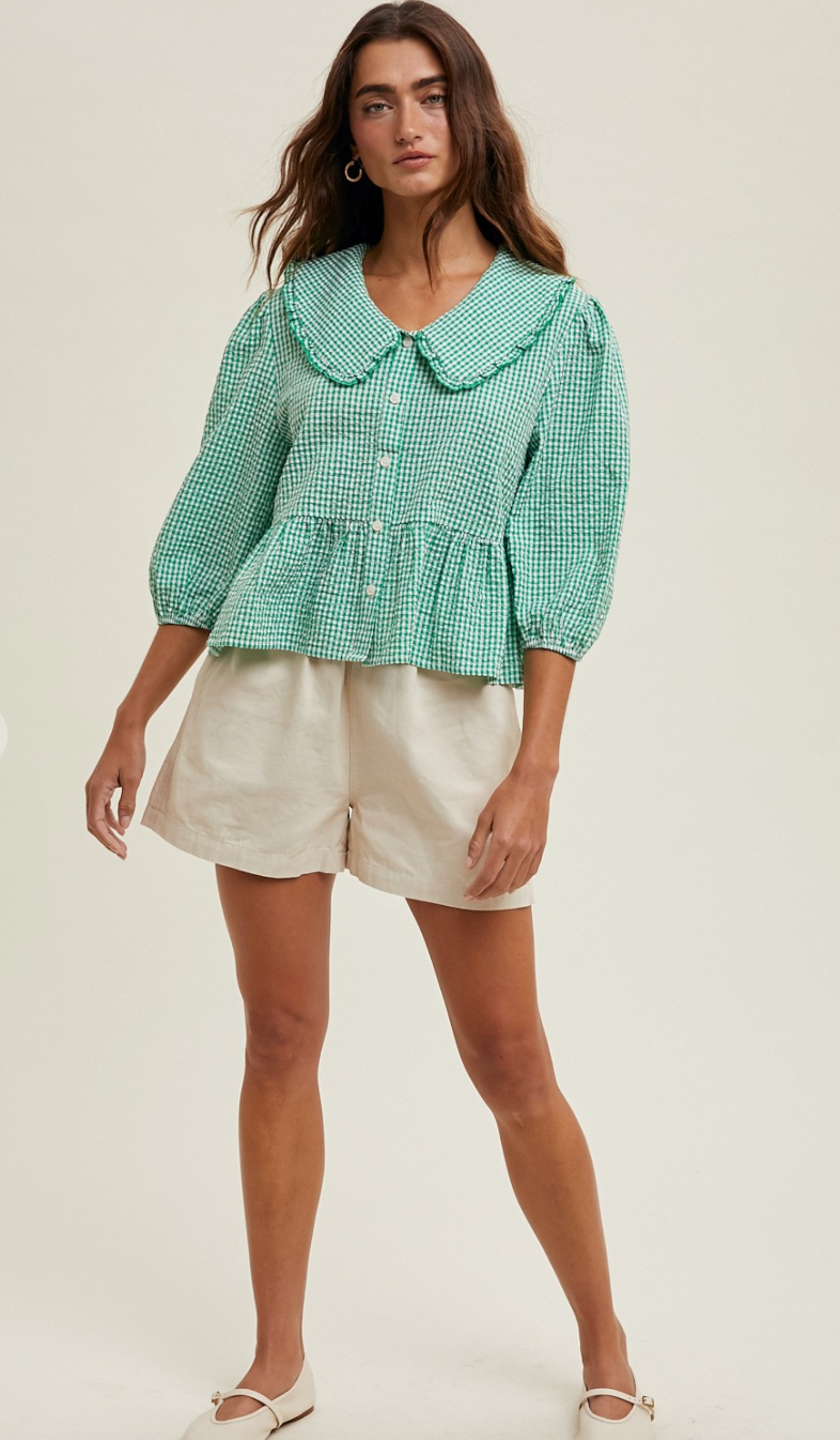 Gingham Peplum Blouse Green