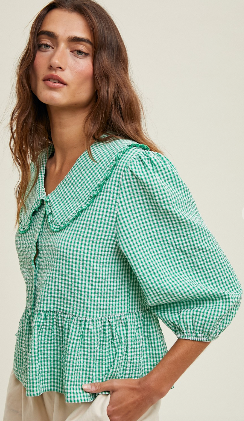 Gingham Peplum Blouse Green