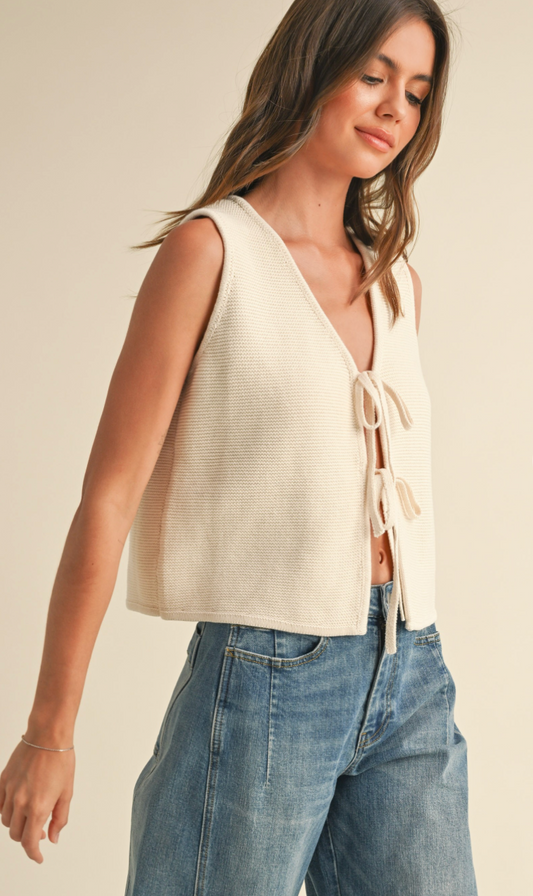 Knitted Tie Front Tank Cream