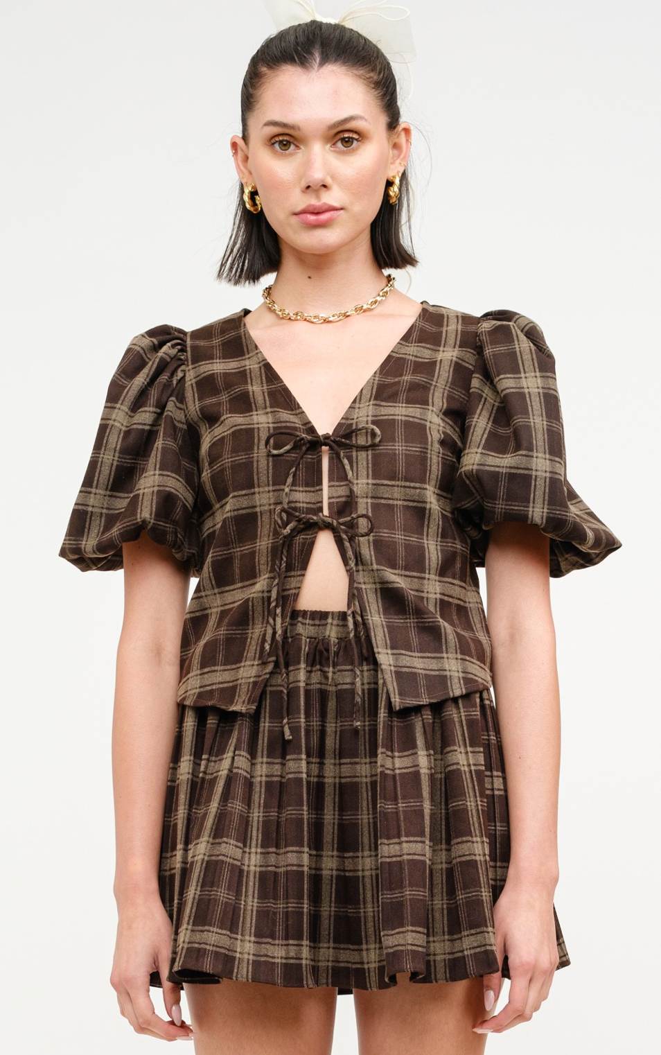 Carmin Plaid Ties Blouse