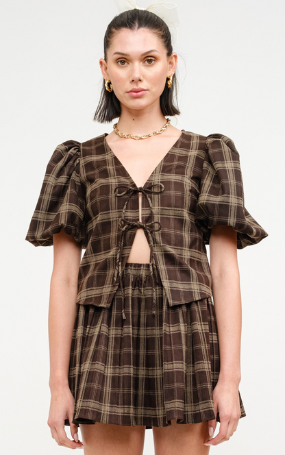 Carmin Plaid Ties Blouse