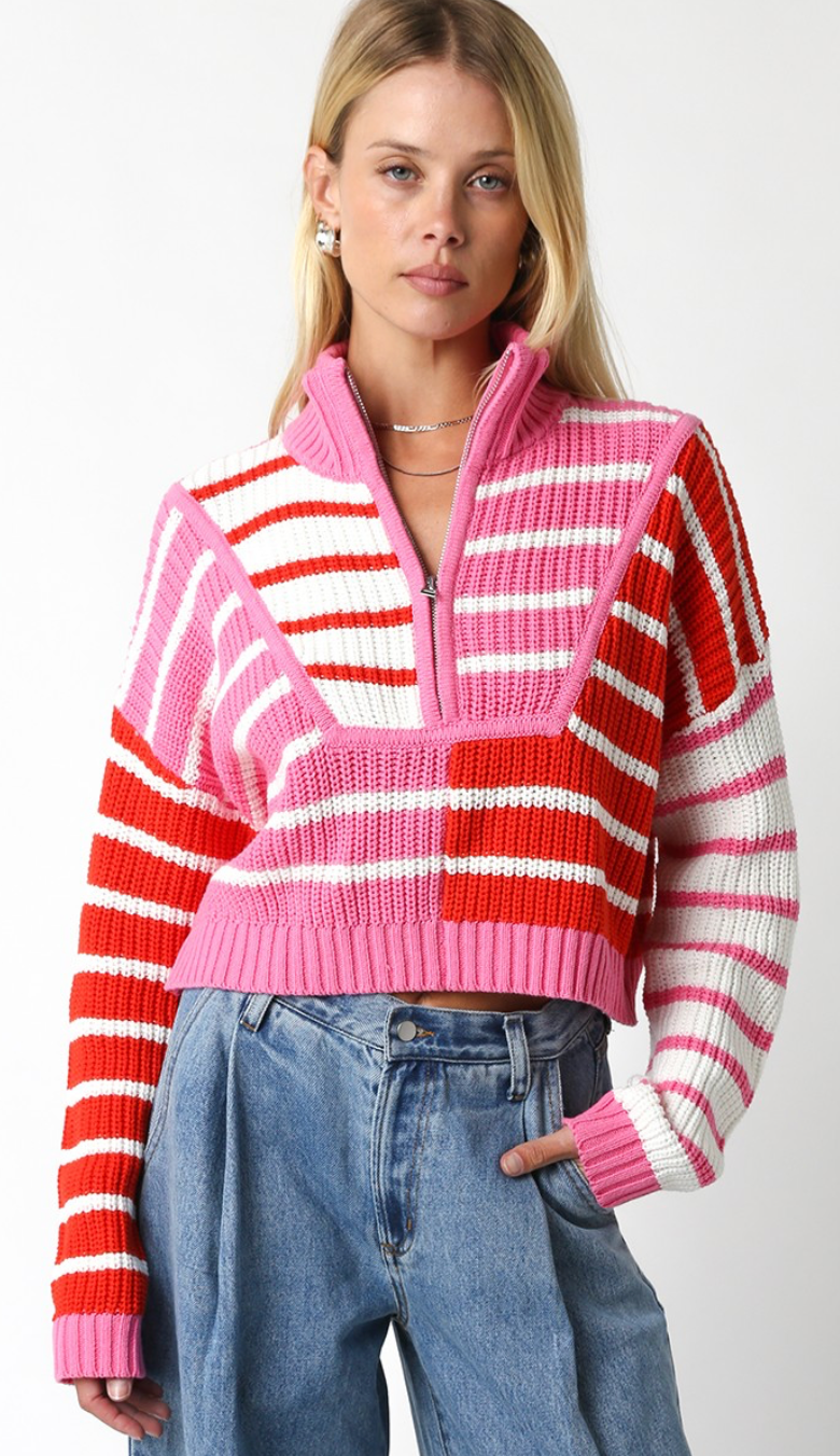 Pink Red Ivory Stripe Sweater