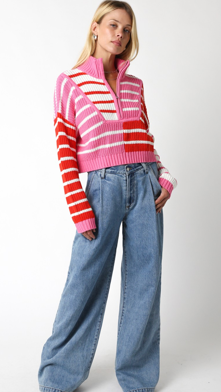 Pink Red Ivory Stripe Sweater