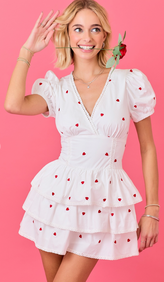 Heart Embroidered Tiered Ruffle Dress