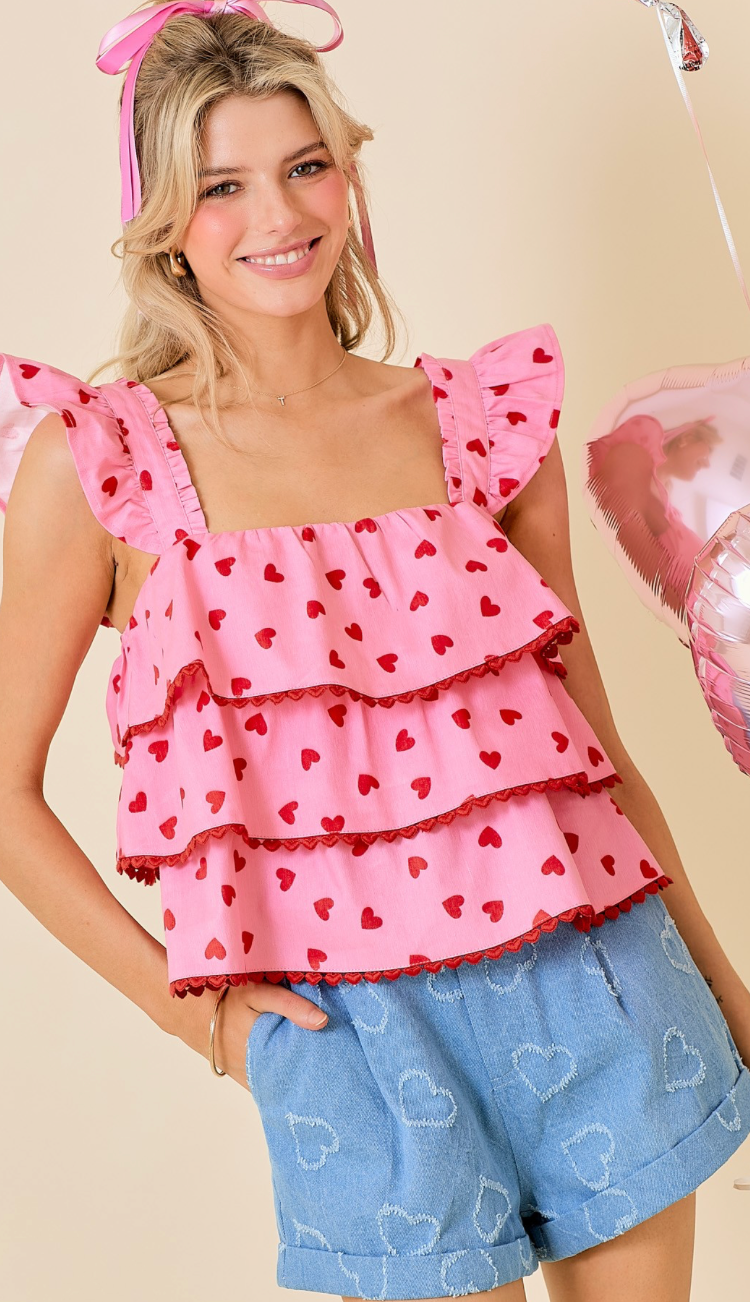 Hearts Tiered Square Neck Top