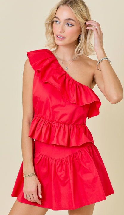 Red Poplin One Shoulder Top