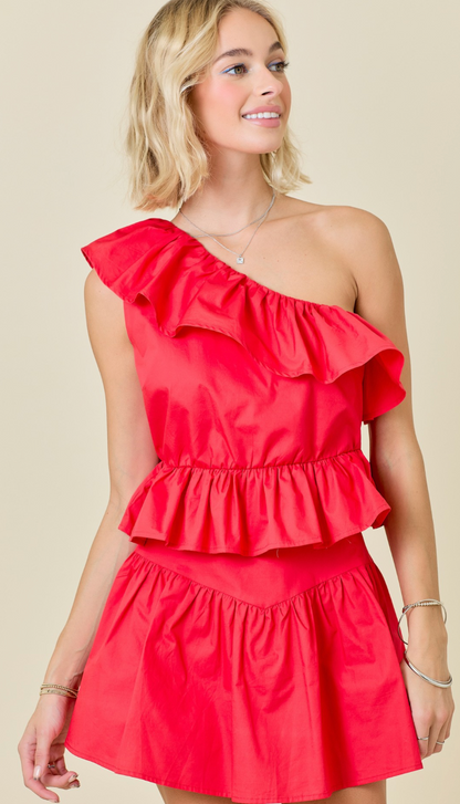 Red Poplin One Shoulder Top