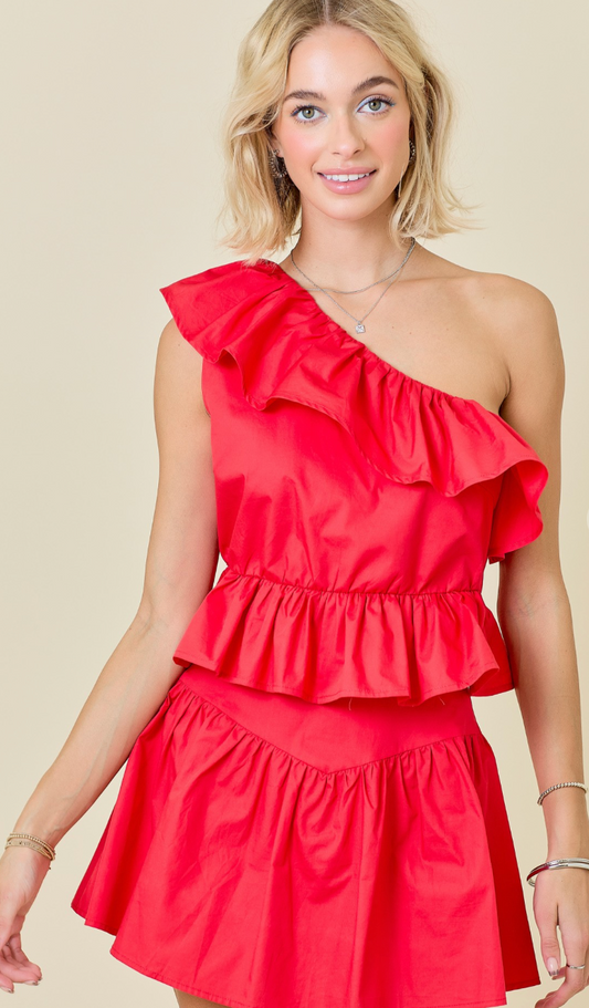 Red Poplin One Shoulder Top