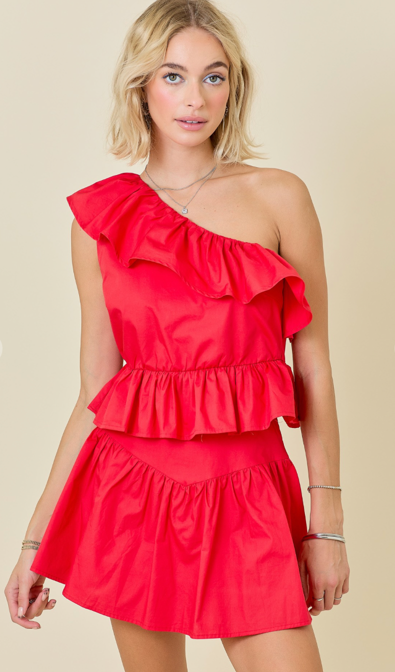 Red Poplin One Shoulder Top