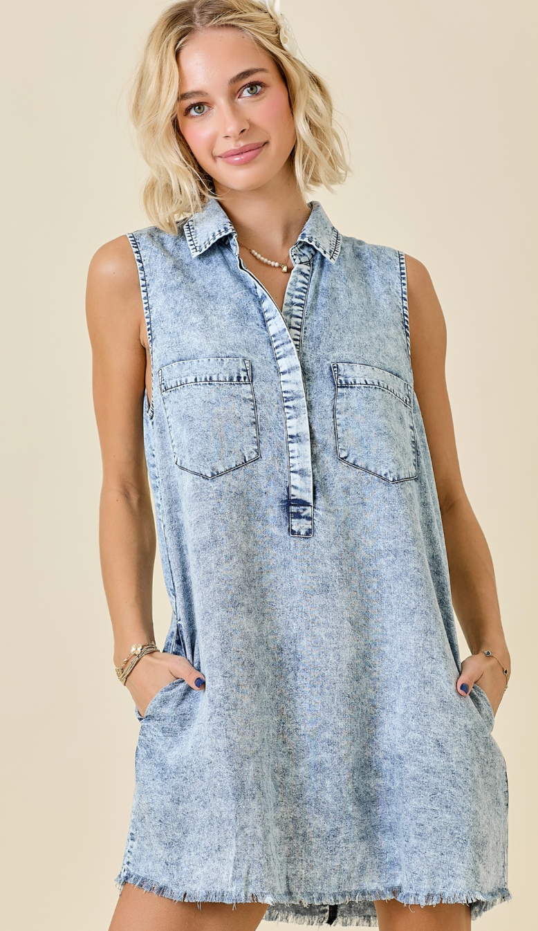 Collared Shirt Dress Washed Denim