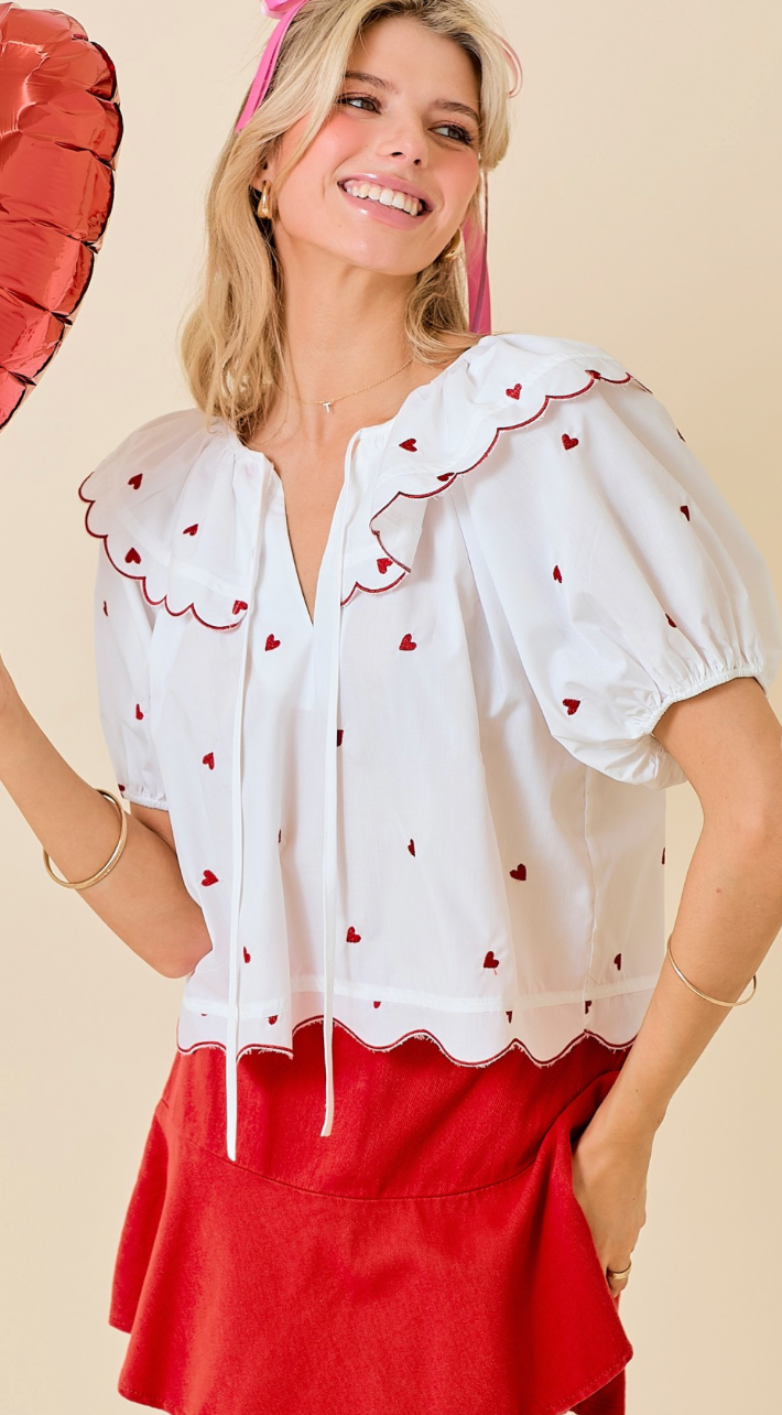 Puff Sleeve Hearts Top White/Red