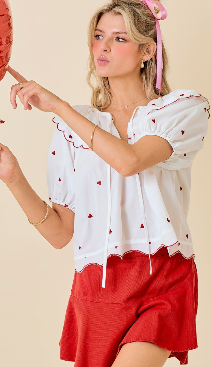 Puff Sleeve Hearts Top White/Red