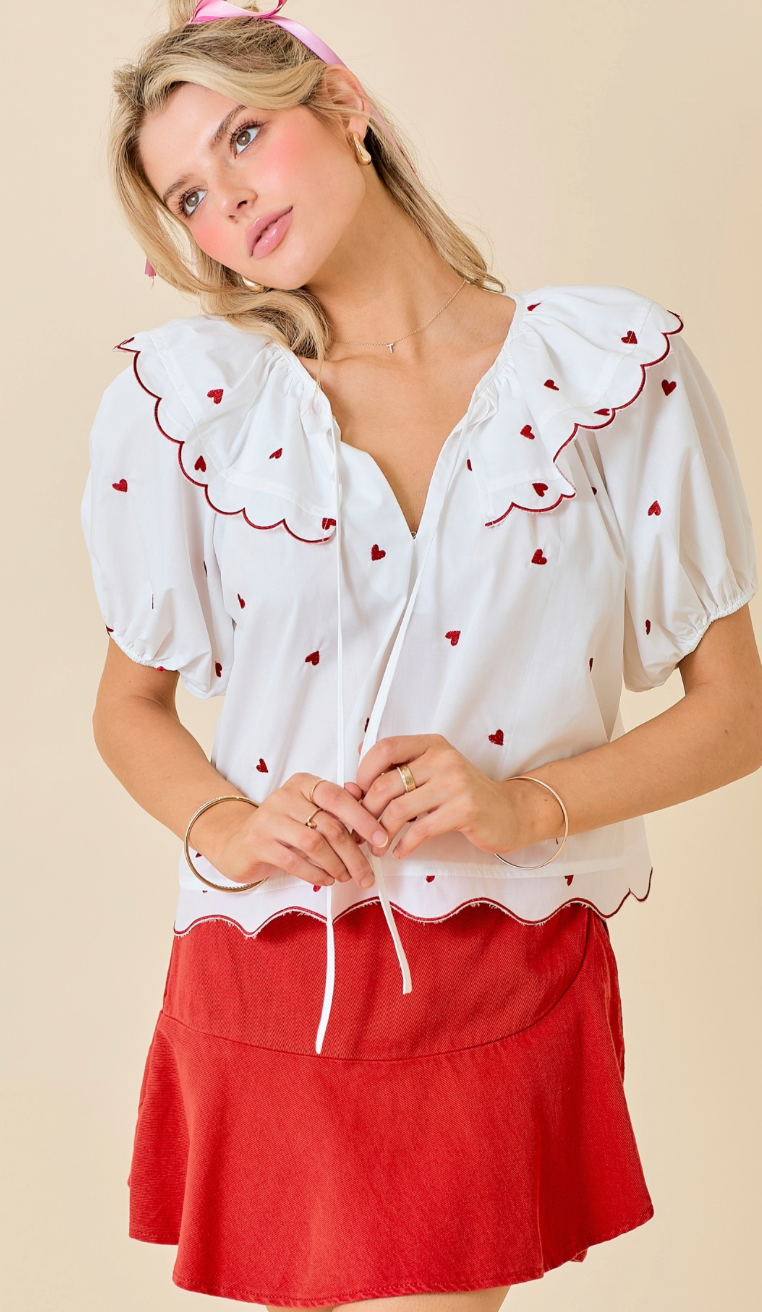 Puff Sleeve Hearts Top White/Red