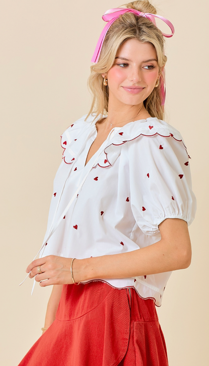 Puff Sleeve Hearts Top White/Red