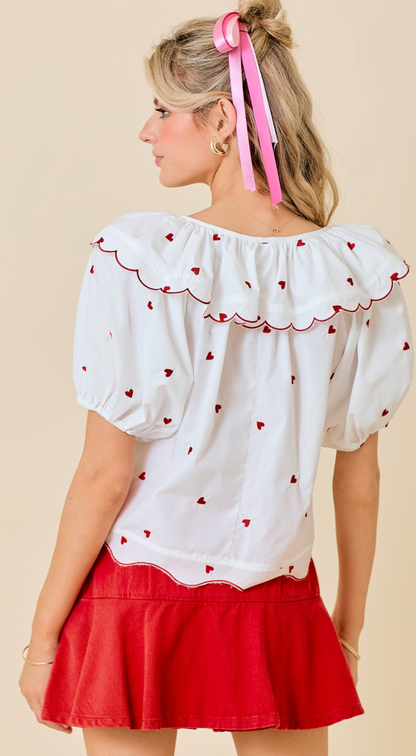 Puff Sleeve Hearts Top White/Red