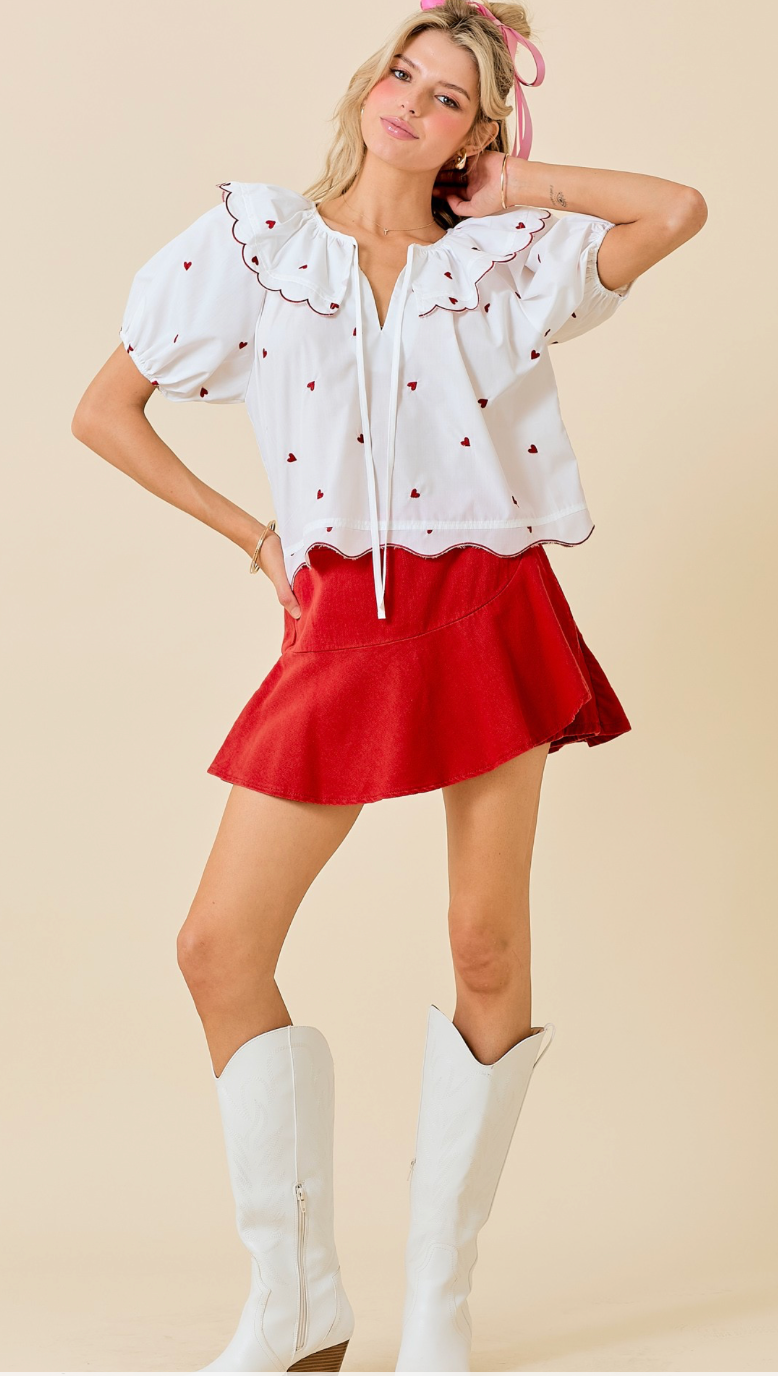 Puff Sleeve Hearts Top White/Red