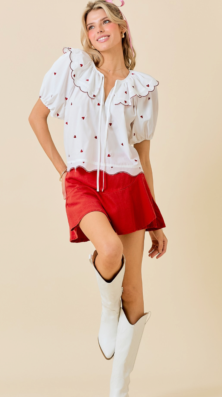 Puff Sleeve Hearts Top White/Red