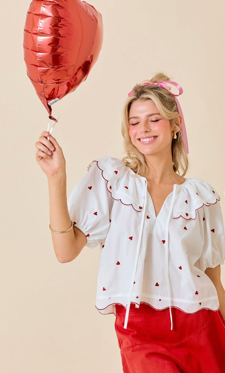 Puff Sleeve Hearts Top White/Red