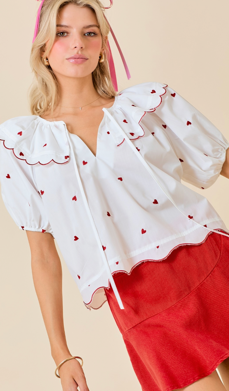 Puff Sleeve Hearts Top White/Red