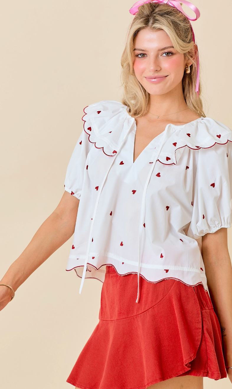 Puff Sleeve Hearts Top White/Red