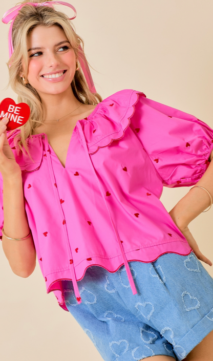 Puff Sleeve Hearts Top Pink/Red