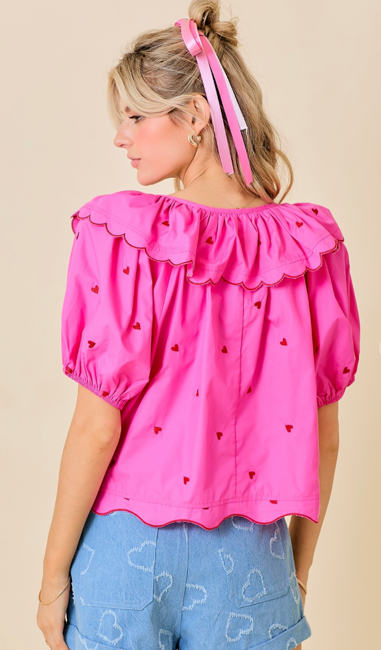 Puff Sleeve Hearts Top Pink/Red