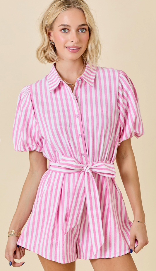 Striped Romper w/ Bubble Sleeves